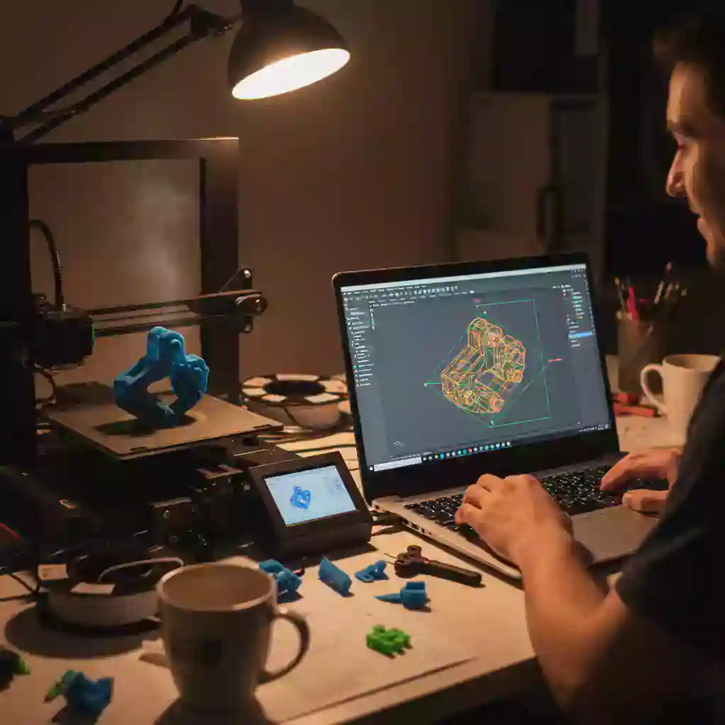 3D printing enthusiast working on STL file in CAD software with finished prints and 3D printer on desk