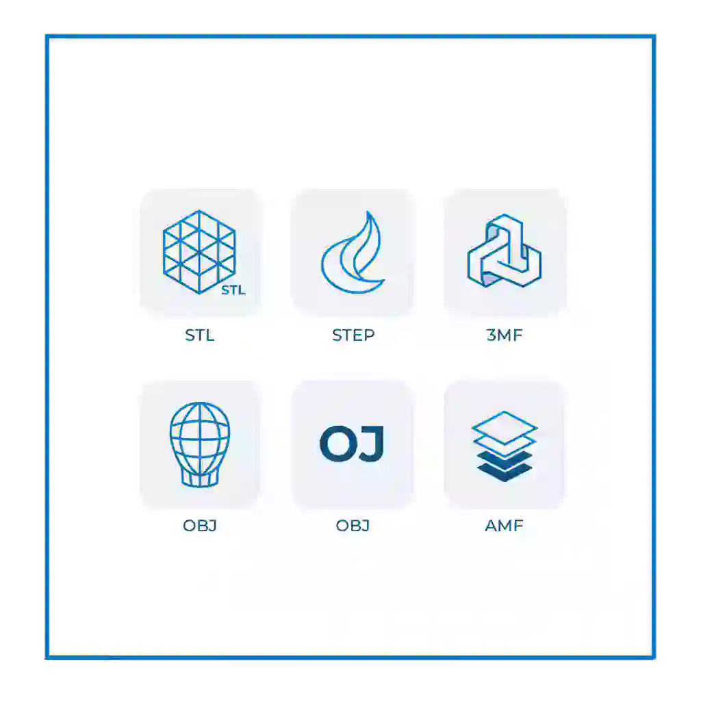 3D printing file format icons including STL, STEP, 3MF, OBJ, and AMF