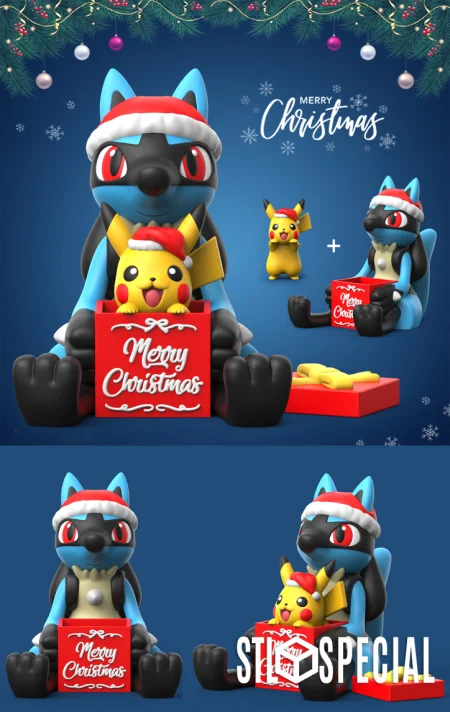 Christmas Lucario with Pikachu Giftbox 3D Print STL Files