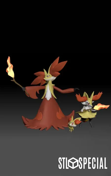 Fennekin, Braixen, and Delphox Pokemon Evolution Set - 3D Model STL Files