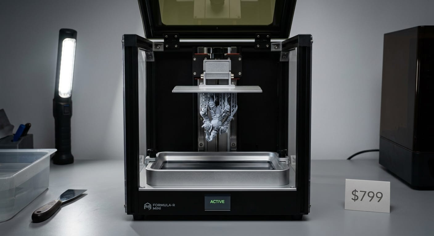 Resin 3D printer with detailed miniature figure on build plate