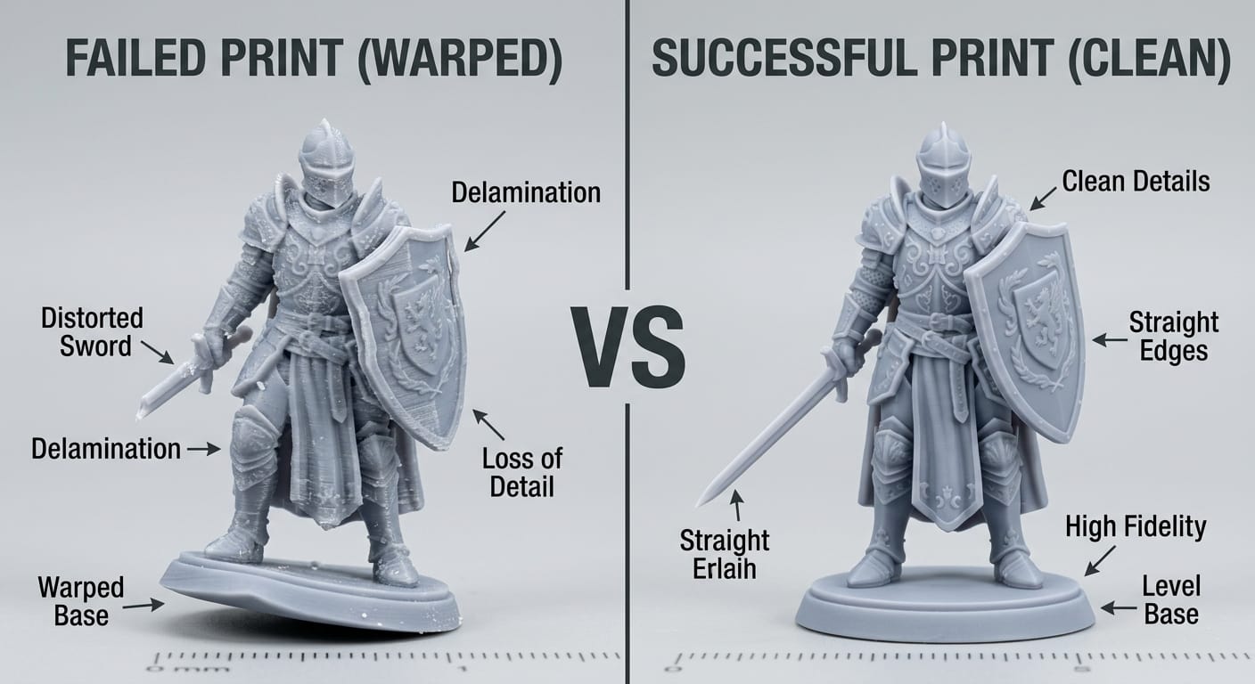 Failed warped 3D print compared to successful clean print