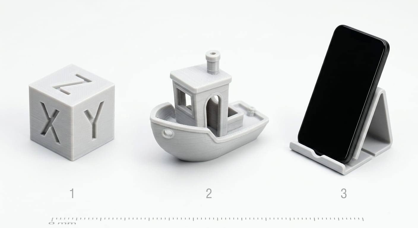 First 3D prints for beginners - calibration cube, Benchy boat, phone stand