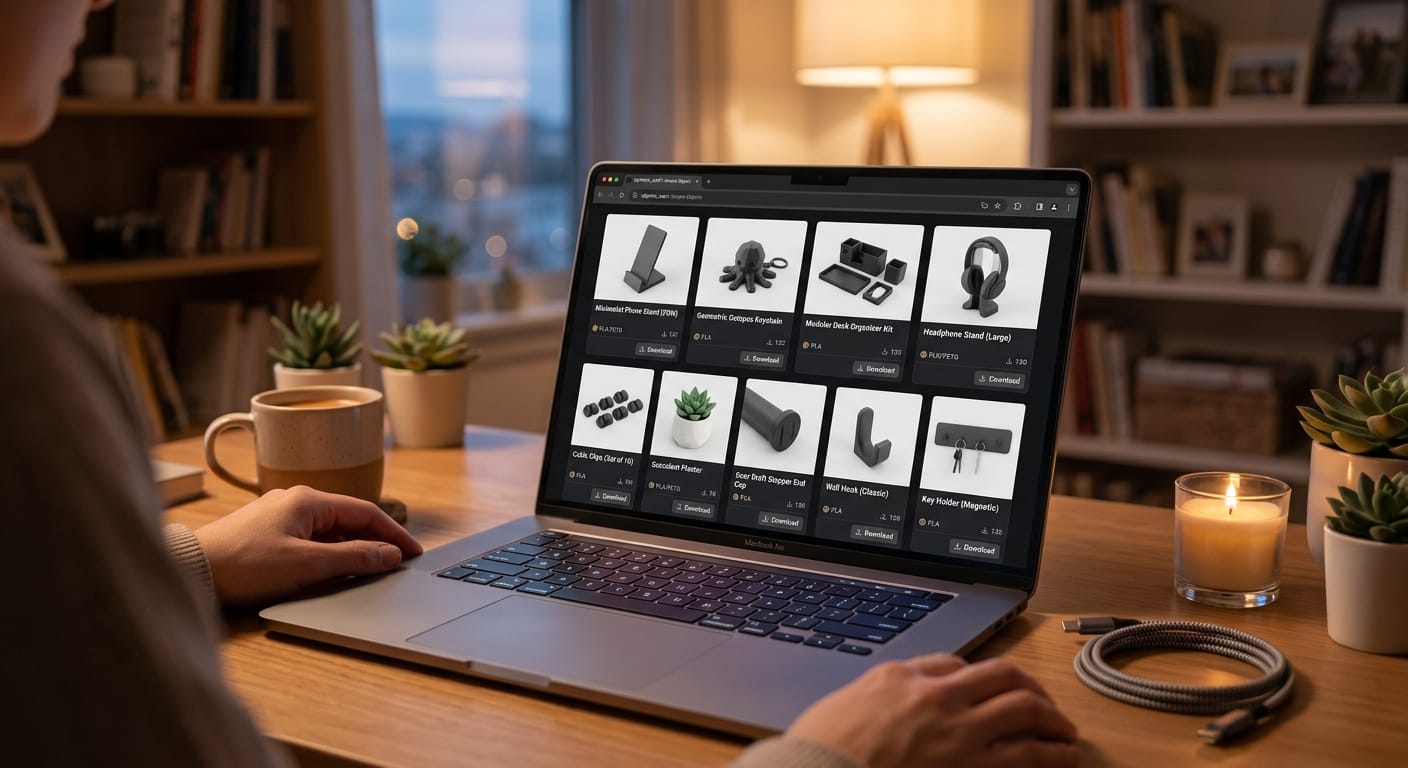 Laptop showing 3D printable STL file marketplace for beginners