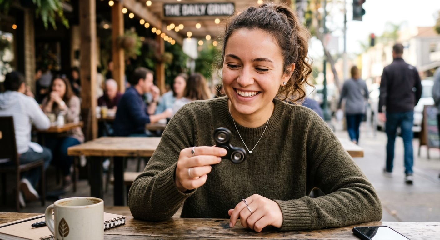 person using black fidget spinner